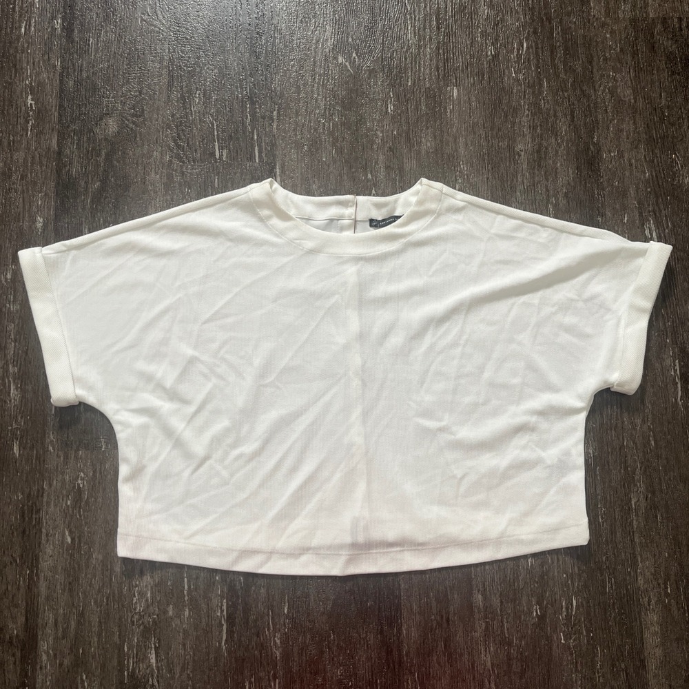 Adrianna Papell White Textured Cropped‎ Top Shirt Short Sleeve Button Size L